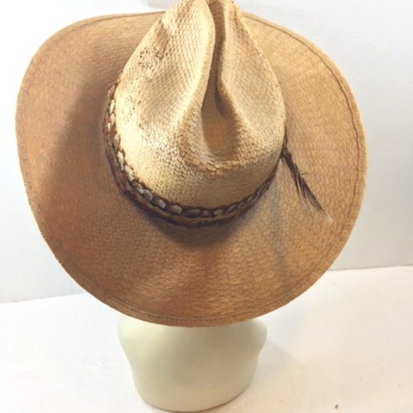 Vtg John B Stetson Co Straw Cowboy Western Hat with Feathers